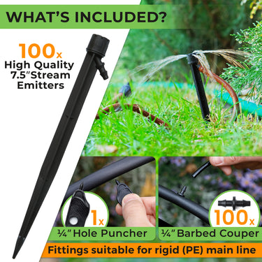 The kit includes 100 x Drip Emitters Sprayer (Adjustable 360°), 100 x 1/4